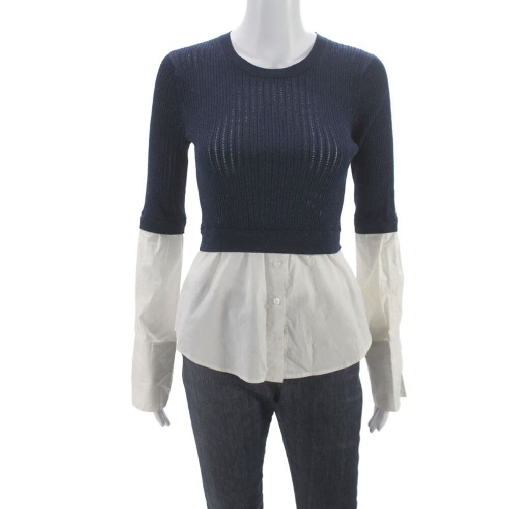 Veronica Beard Women Cropped Blouse Dark Blue 3/4 Sleeve Crew Neck Size S